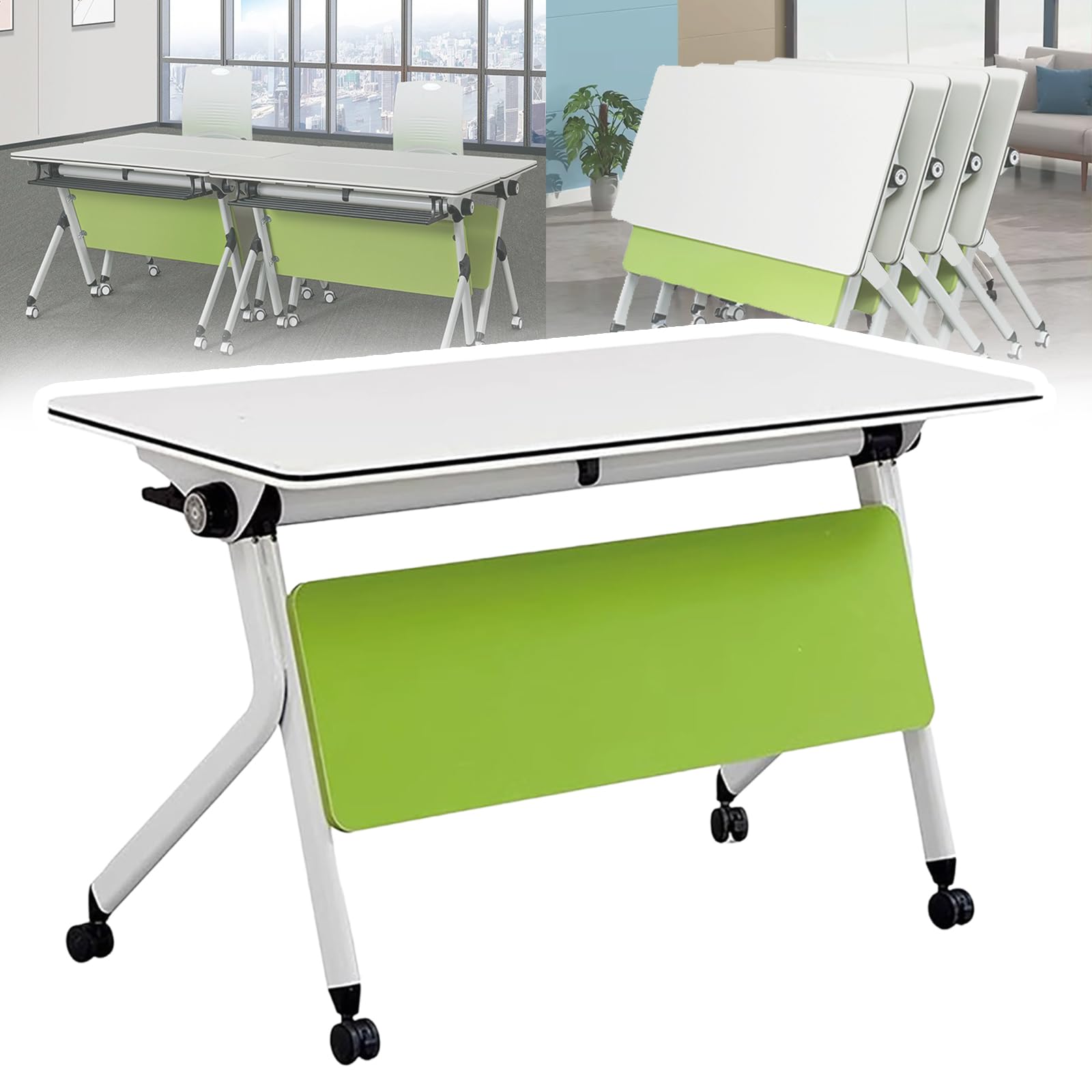 HTDRE Foldable Conference Table with Wheels - Mobile Flip Top Meeting Table for Training Rooms Rectangular Seminar Table Portable Modular Design Ideal for Events & Offices