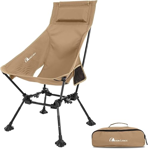 MOON LENCE Sillas de camping plegables con respaldo alto, silla de playa de altura ajustable con pies antideslizantes y asiento ampliado (caqui)