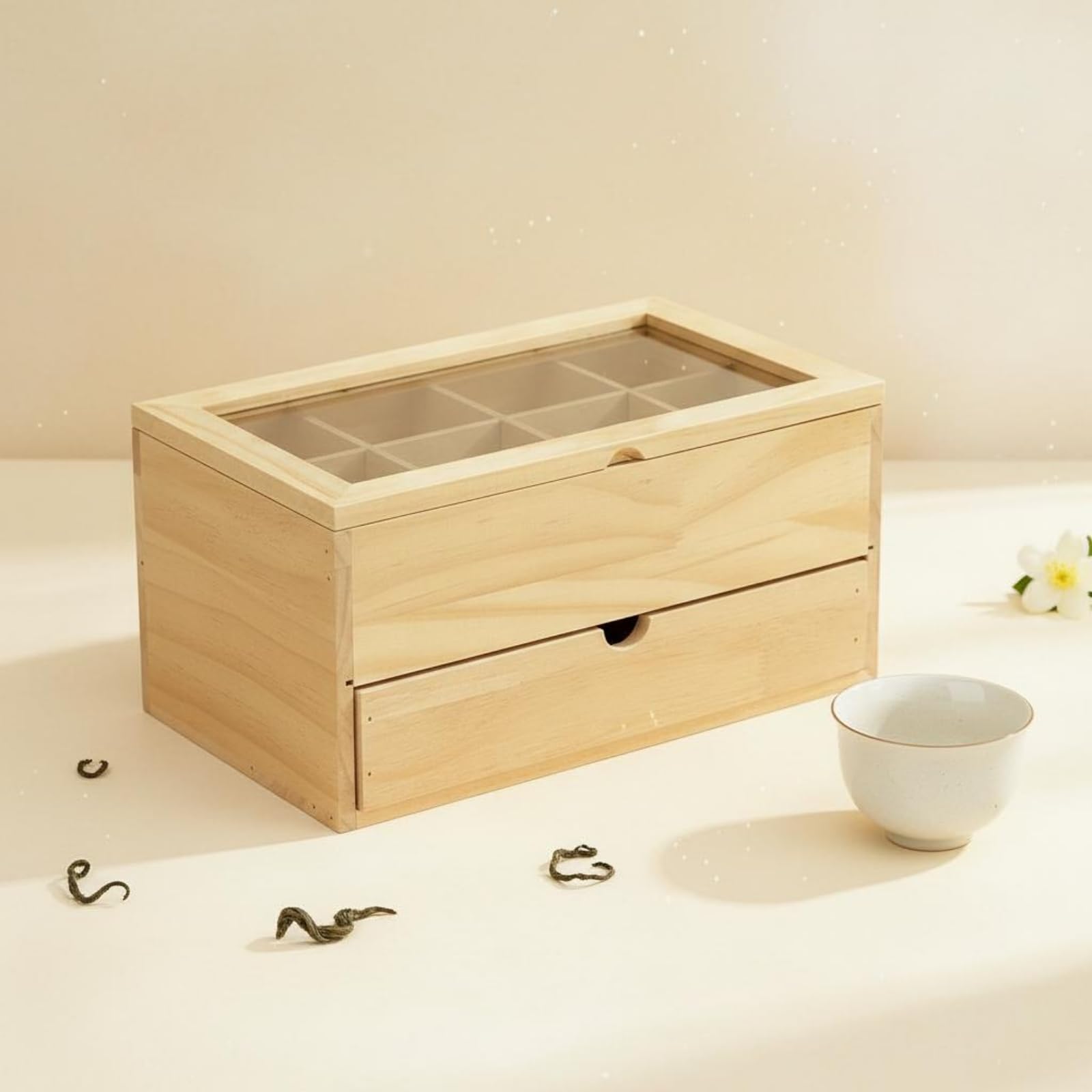 Qianly Boîte Thé Bois Double Niveau Boîte Compartimentée Gain Place Rangement Maison pour Bureau, Noir
