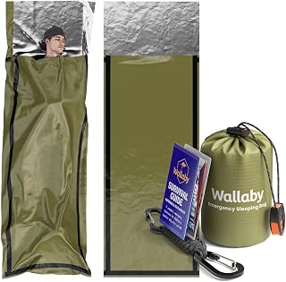 Wallaby 2-Pack Emergency Mylar Sleeping Bags with Nylon Pouches, Whistle Pull & Paracord with Carabiners, Free Survival Guide – Hiking, Survival (Green)