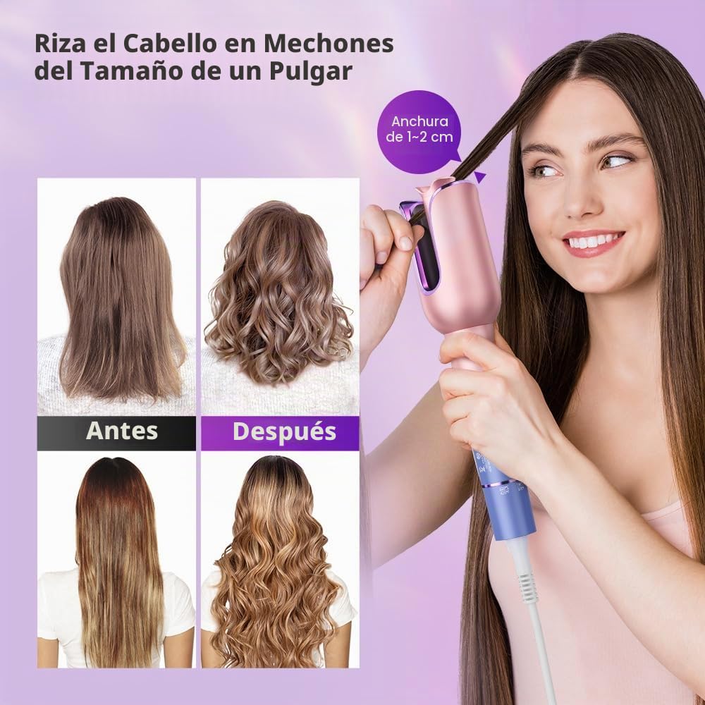Rizador Pelo Ondas, Tenacillas Pelo 23mm de Iones Negativos, Tenacillas para Rizar el Pelo 3 Temperatura, Diseño Anti-escaldado, Rizador de Pelo Automatico Inteligente