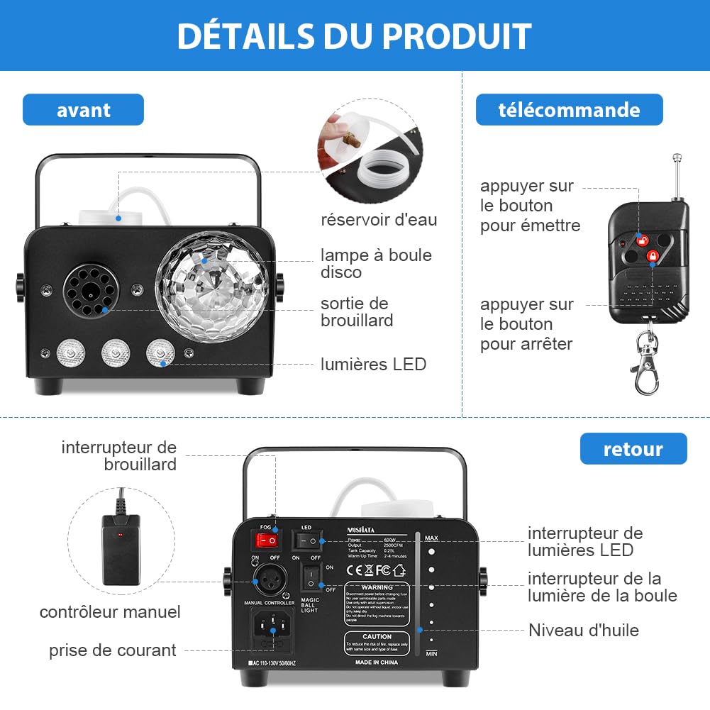 Machine à Fumée, Machine à Brouillard avec Lampe à Boule Disco et Lumières LED RGB pour Fêtes, Anniversaire, Mariage, Halloween