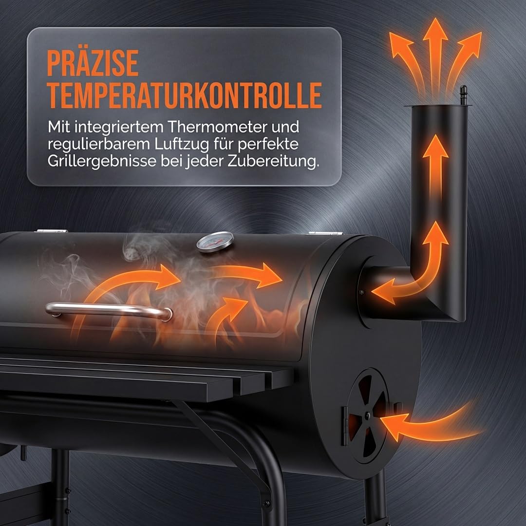 Grill wędzarniczy na węgiel drzewny z pokrywką i termometrem, na kółkach, 2-komorowy wędzarnia do bezpośredniego i pośredniego grillowania, grill ogrodowy z półką, czarny