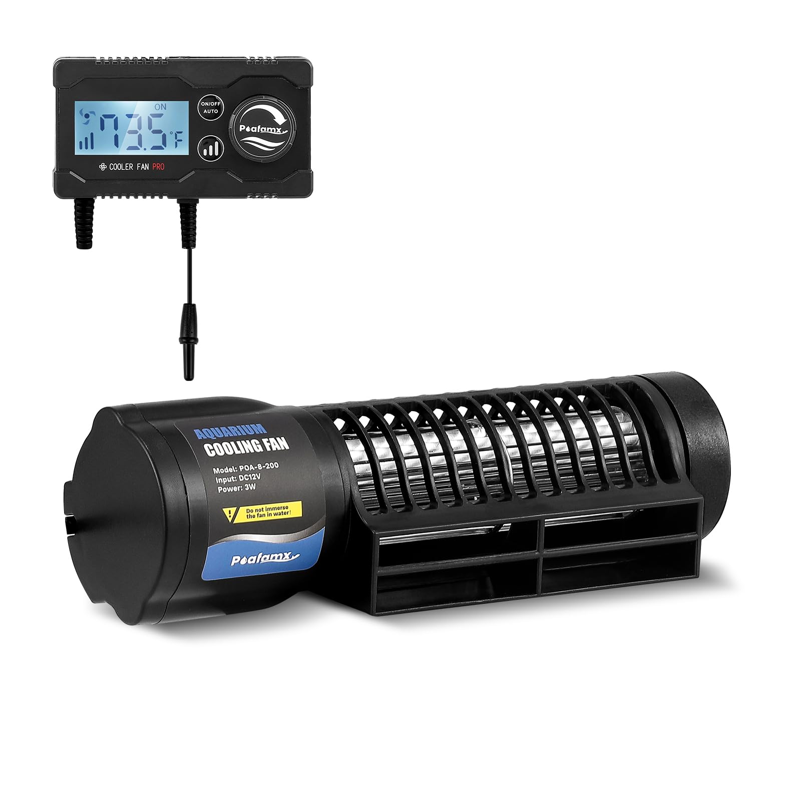 Poafamx Aquarium Chiller, DC12V Aquarium Cooling Fan with 3-Speed Adjustable Controller, Cross-Flow Fish Tank Cooler for Axolotl, Automatic Temperature Control Aquarium Cooler (3W)
