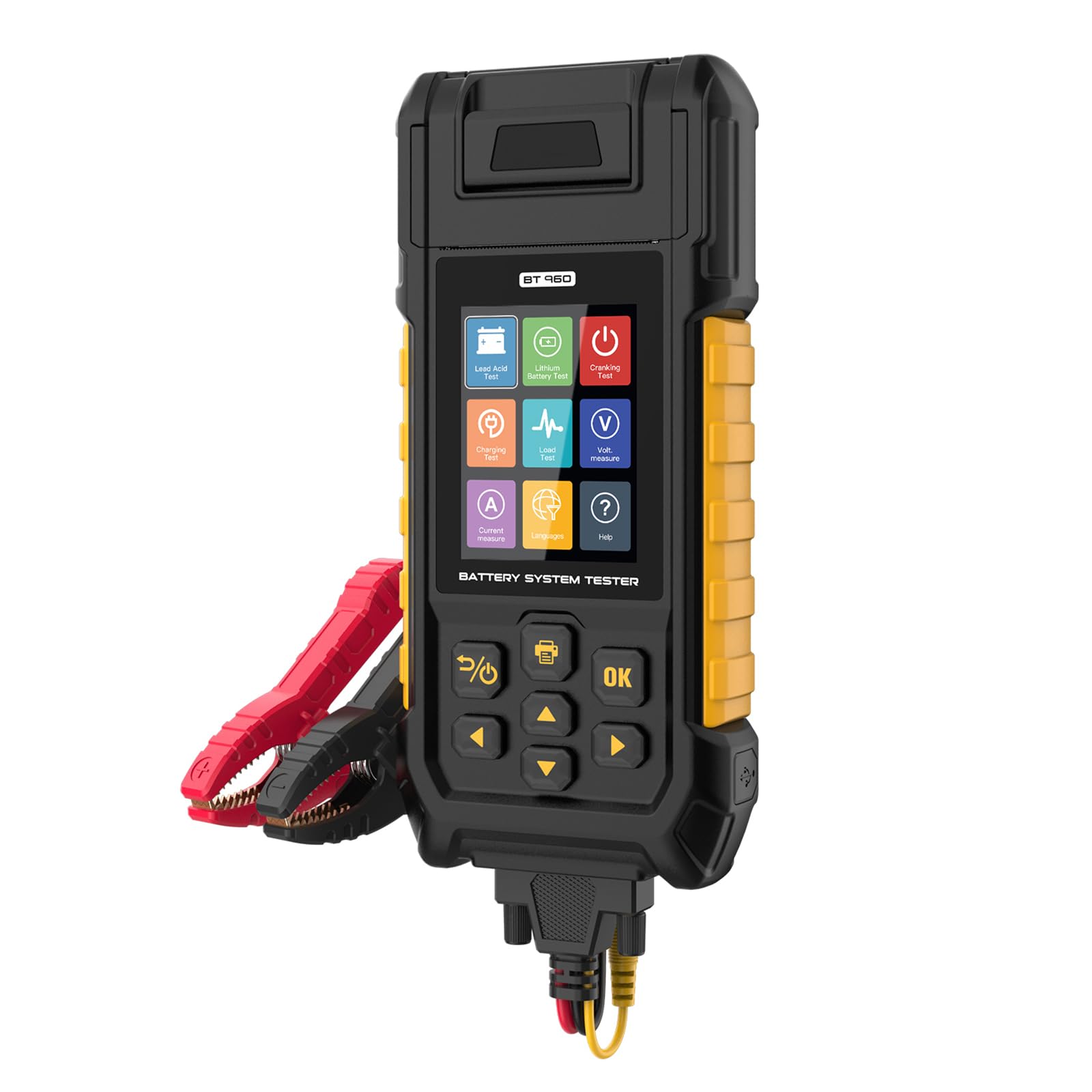 Comprobador de batería de litio para coche, BT960, 0-80 V, analizador LIB con duración de la batería, medición de capacidad y resistencia interior, control de fugas, 14 idiomas, impresora, 5 rollos de