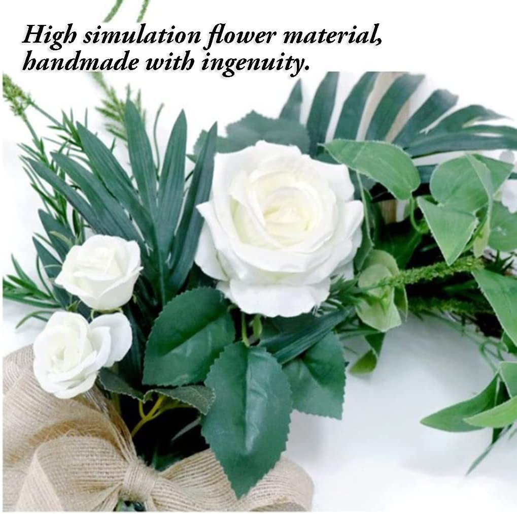 Guirlandes Couronnes de roses blanches avec des feuilles vertes Guirlandes de fleurs de patio de ferme Couronnes de Noël faites à la main Couronne de porte d'entrée d'automne Peut être réutilisé