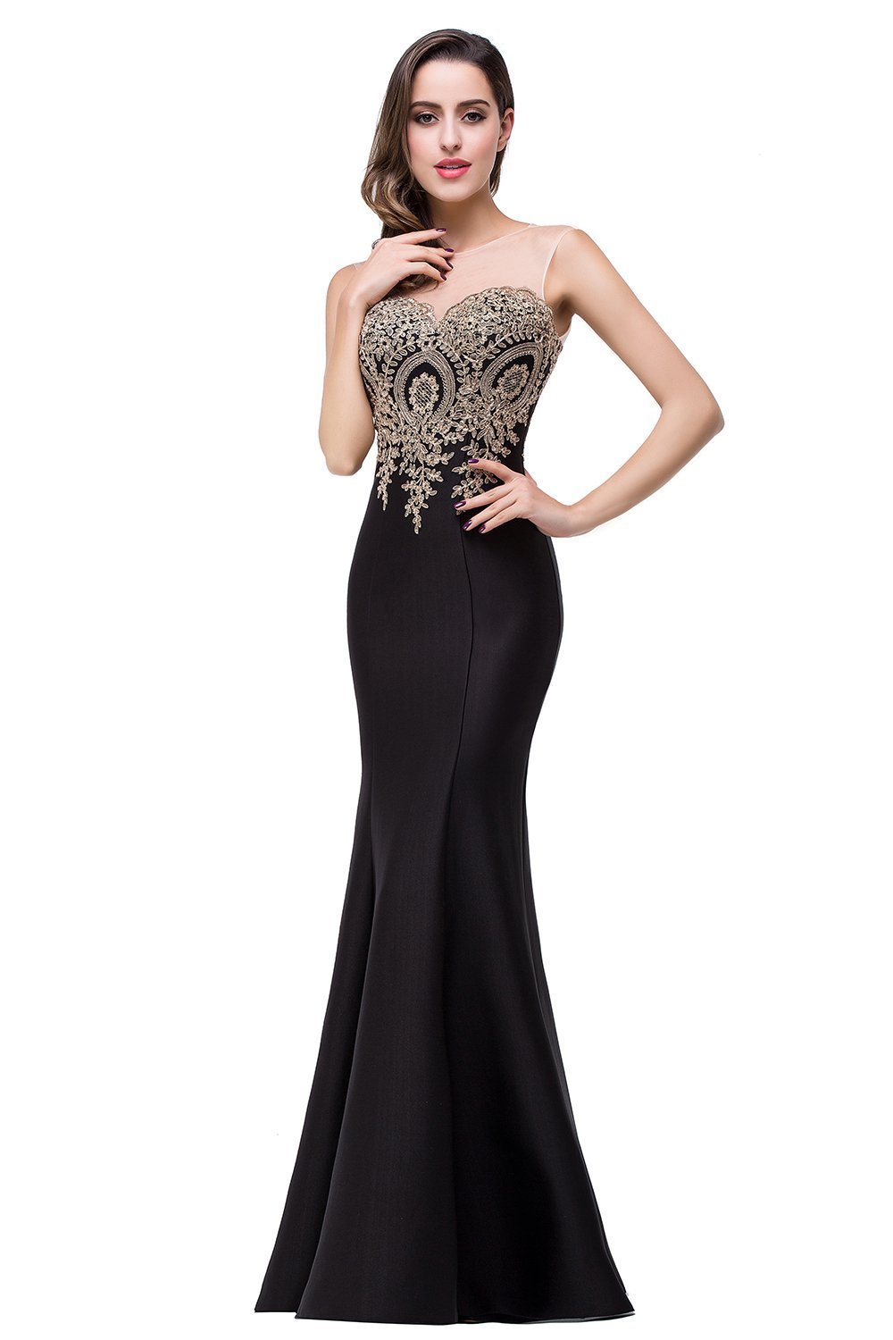 BABYONLINE D.R.E.S.S. Robe de soirée Bal Cérémonie Forme Fourreau Longue au Sol sans traîne avec Dentelle Applique en Tulle