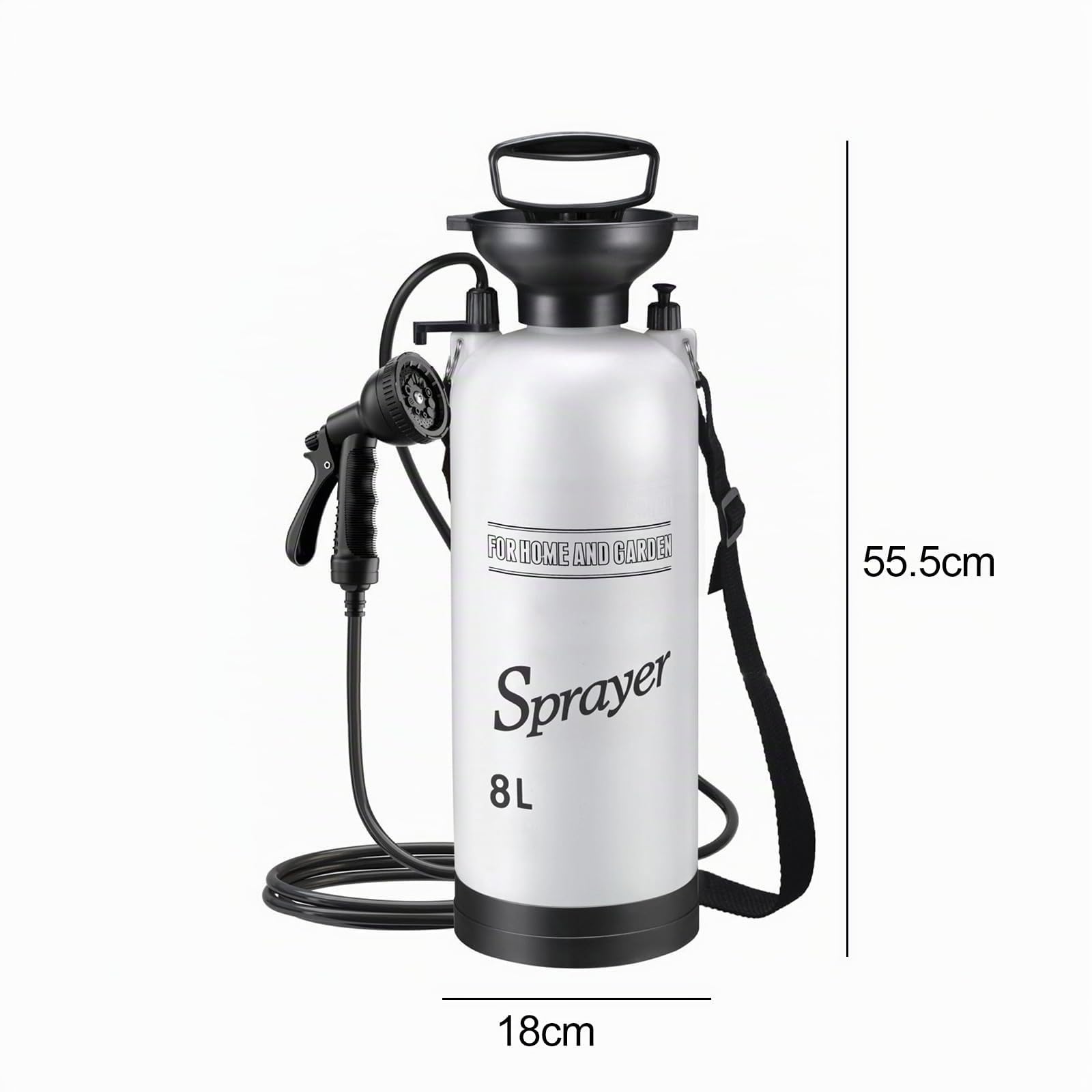 Pulvérisateur à pression portable de 8 L, 10 modes de pulvérisation, avec tuyau amovible et pommeau de douche, pour camping, randonnée, jardin (18 x 55,5 cm)
