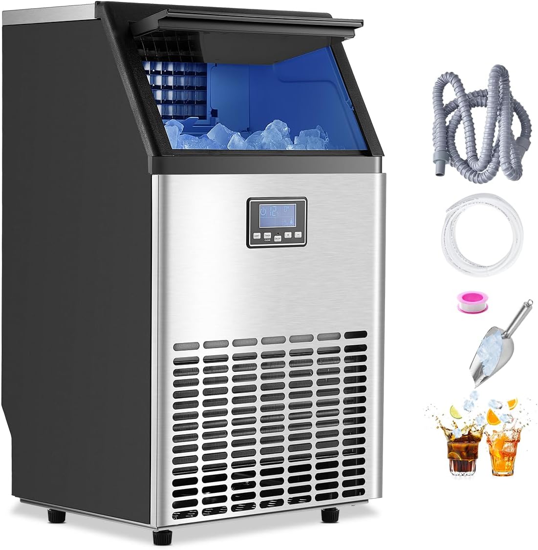VEVOR Commercial Ice Maker Machine, 100lbs/24H Ice Maker Machine with 33lbs Storage Capacity, 45 Ice Cubes in 15 Minutes, LED Digital Display Freestanding Self-Cleaning for Bar Office Restaurant