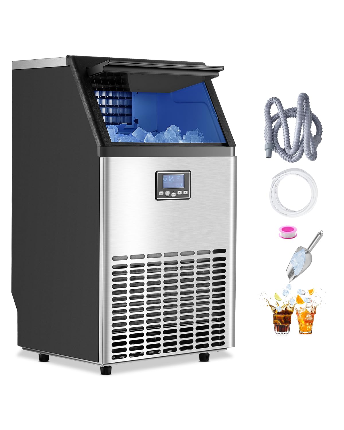 VEVOR Macchina per Ghiaccio Commerciale 45,​36 kg/​giorno Macchina Cubetti di Ghiaccio Capacità di Stoccaggio ca. 14,​97 kg, Display Digitale a LED, Indipendente, Autopulente, Bar, Catering, Hotel
