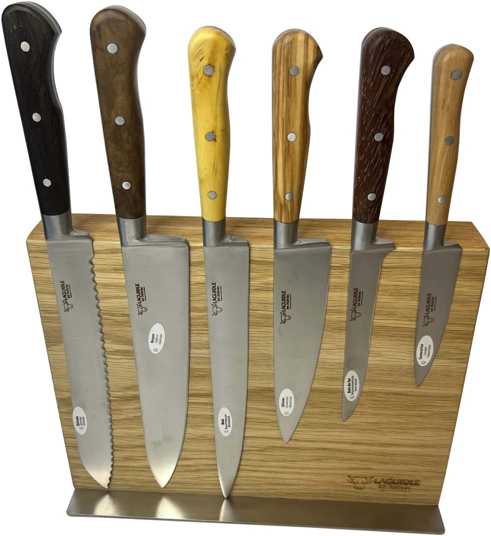 Laguiole En Aubrac Kitchen Knife Set, 7-Piece Forged Mixed Wood Handle Kitchen Knives: Chef's, Bread, Paring, Utility, Fillet And Boning With Magnetic Oak Block