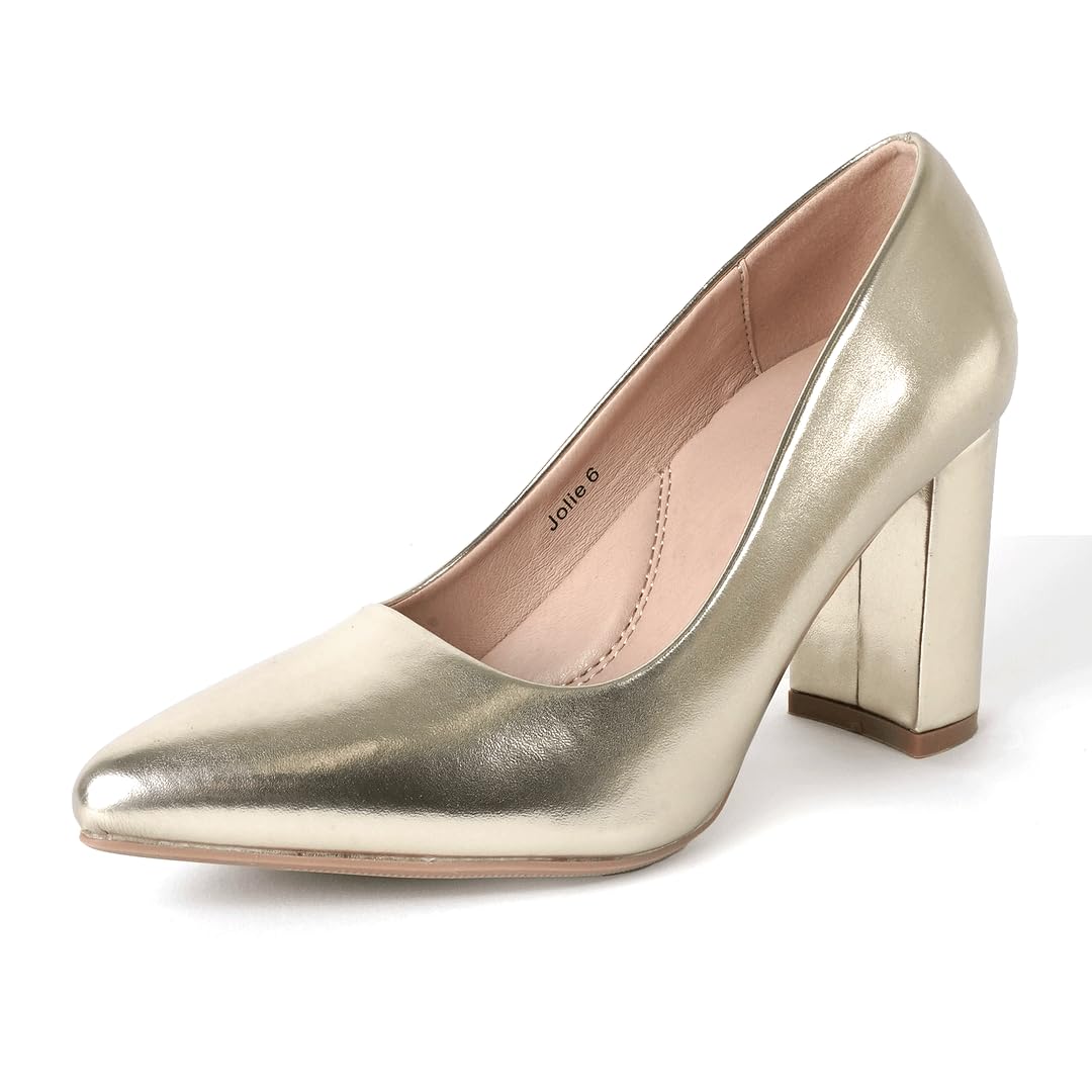 J. AdamsJolie Heels for Women - Closed Pointed Toe Mid Block Heel Classic Pumps, Gold Metallic Vegan Leather, 5.5