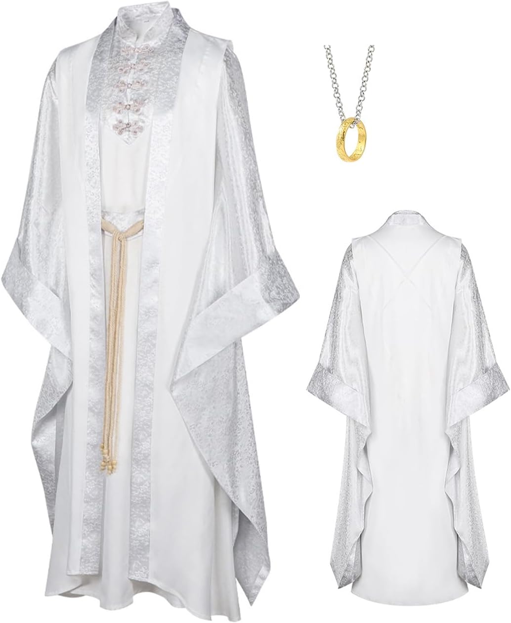 Mens Saruman Cosplay Costume Wizard Cloak Robe Suit Halloween Outfits White Coat Tunic Dress Belt Full Set