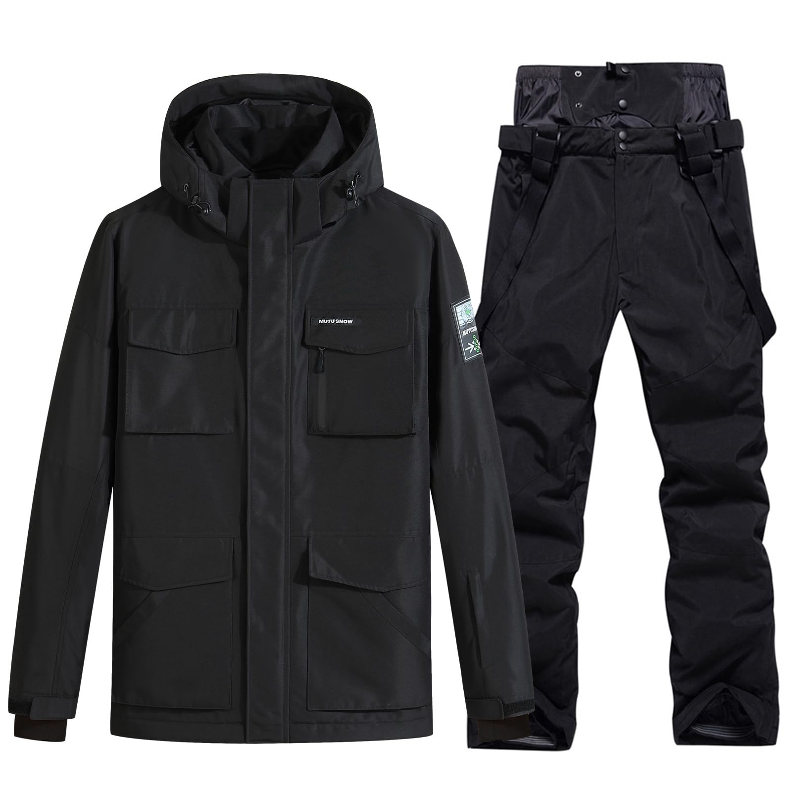 OymyakonMen's Ski Jacket and Pants Set Waterproof Snowsuit Windproof Snow Suit Winter Outdoor Ski Suit Black+Black-XL