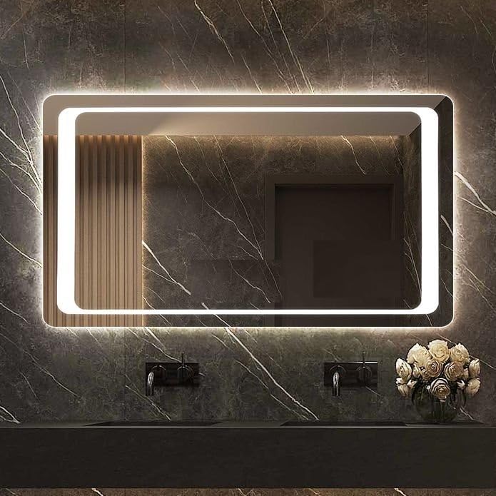 Image of VENETIAN IMAGE Rectangular LED Mirror for Bathroom | Dual-Sided Glow with Warm, Natural & Cool Light | Touch Sensor Dimmable Wall Mirror for Bedroom, Wash Basin (76x60 cm)