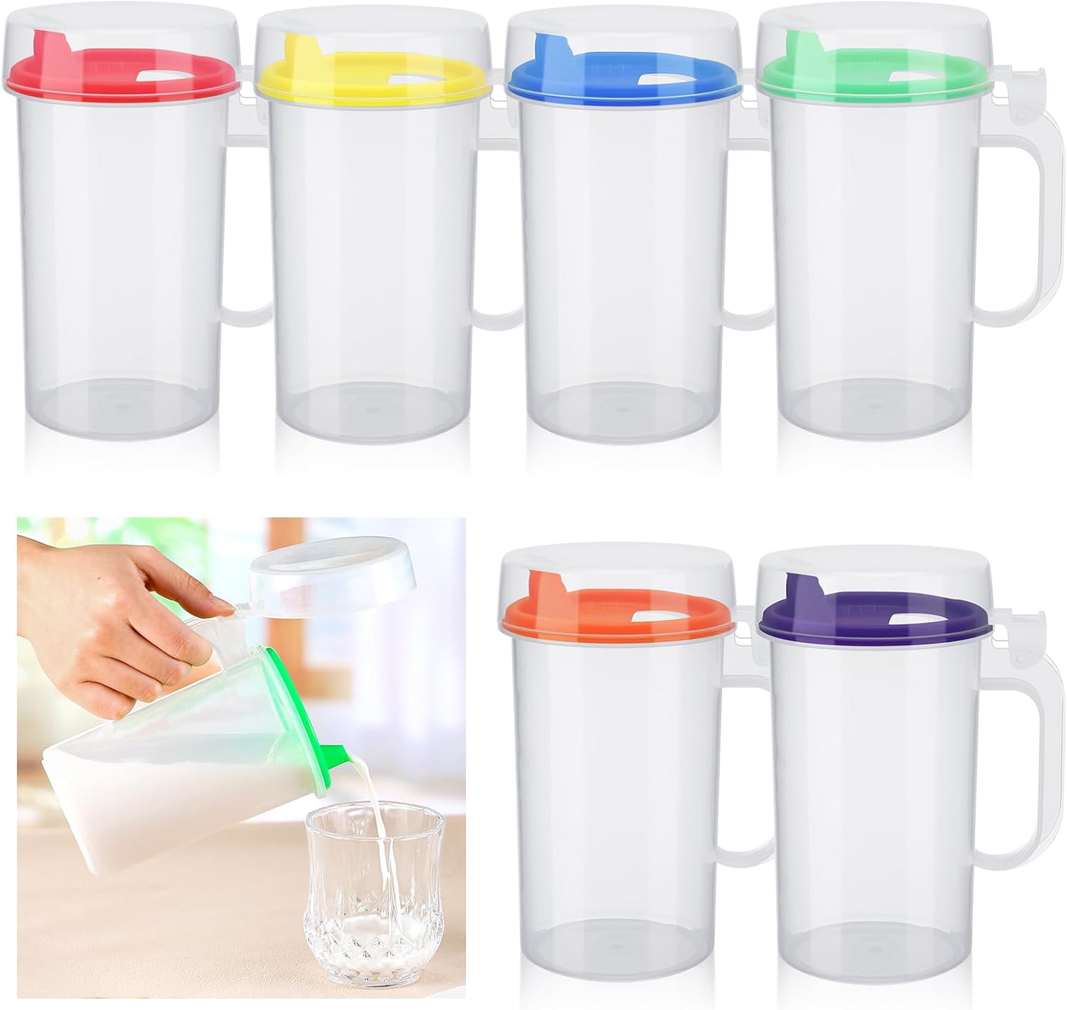 6 Pack Early Learning Kids Easy Pouring Mini Pitchers Clear Plastic Pitcher with Lid and Handle Easy Pour Bottles 16 Oz. Jugs with Lids for Classroom Nursery Home (Colorful)