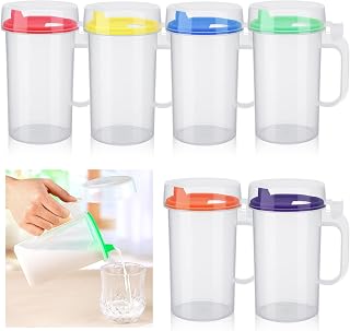 Newtay 6-Pack Kids Easy Pour Mini Pitchers, 16oz Clear Plastic Jugs with Lids & Handles for Preschool Learning, Classroom, Nursery, Home (Colorful)