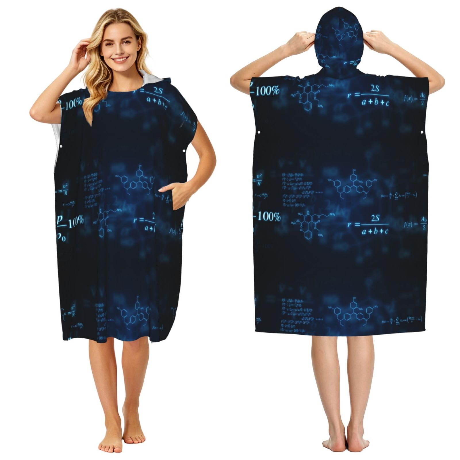 Poadnly Glowing Mathematical Physics Chemistry Formulas, Adult Hooded Beach Towel 90 x 110 cm,Changing Bath Robe, Surf Poncho Towel For Women Men