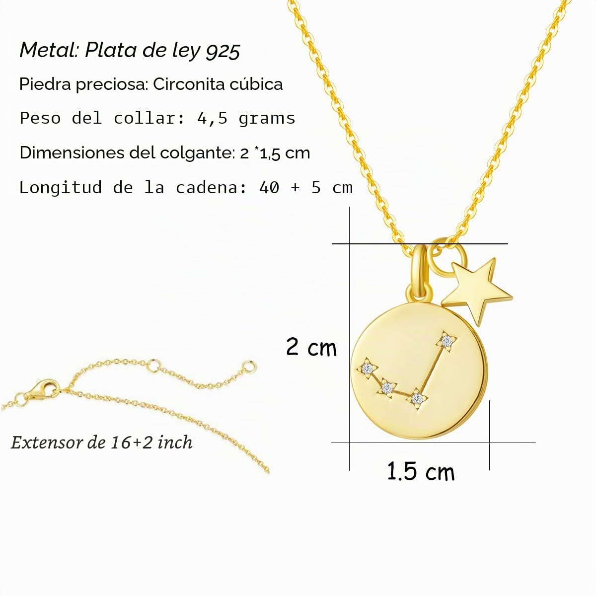FANCIME Collar con Colgante de Signos del Zodiaco Constelaciones Horoscopo Collar para Mujer de Plata de Ley 925 Chapada Oro Amarillo y Circonita Cúbica - Longitud Cadena: 40 + 5 cm