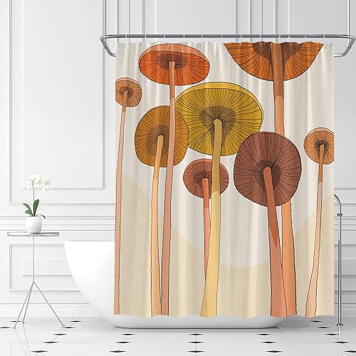 Cortina de ducha vintage de hongos, lindo y moderno, arte abstracto bohemio de los años 60, retro, divertida, naturaleza, plantas de mediados de
