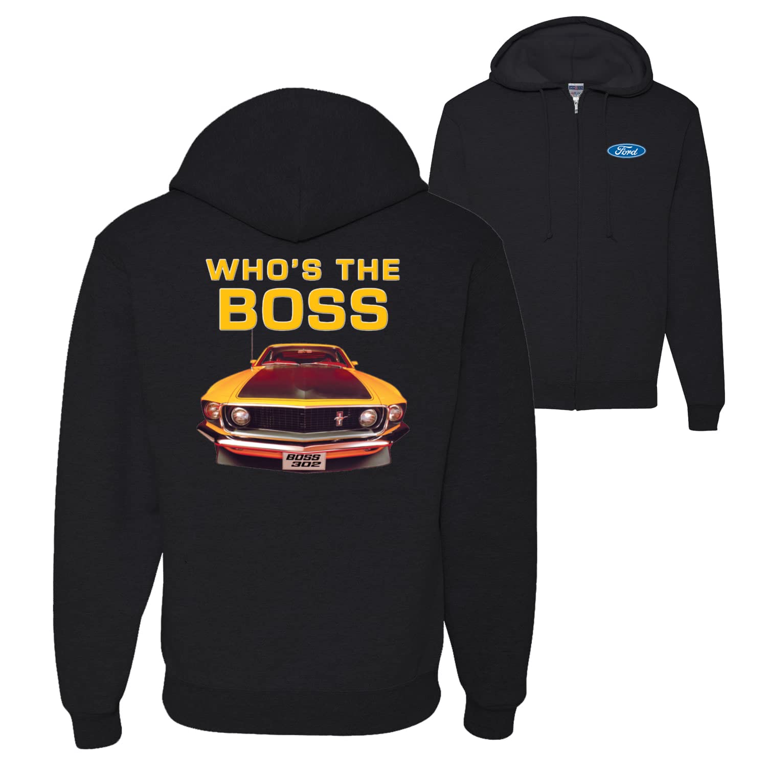 Wild Bobby Who's The Boss Yellow 1969 Mustang 302 Front Back Cars and Trucks Graphic Zip Up Hoodie Sweatshirt
