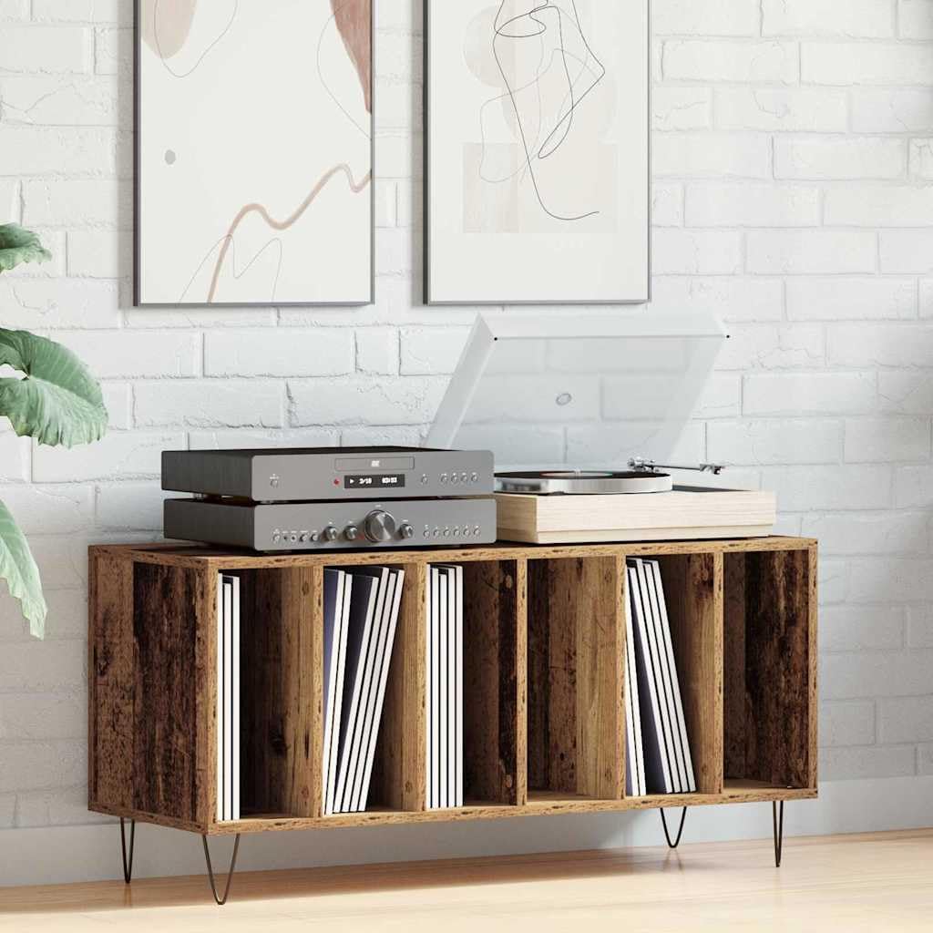 Armadio per dischi in legno anticato, 100 x 38 x 48 cm, con 6 ripiani e gambe in acciaio, per soggiorno, conservazione e ordine di vinile, CD, DVD, ricevitori, router