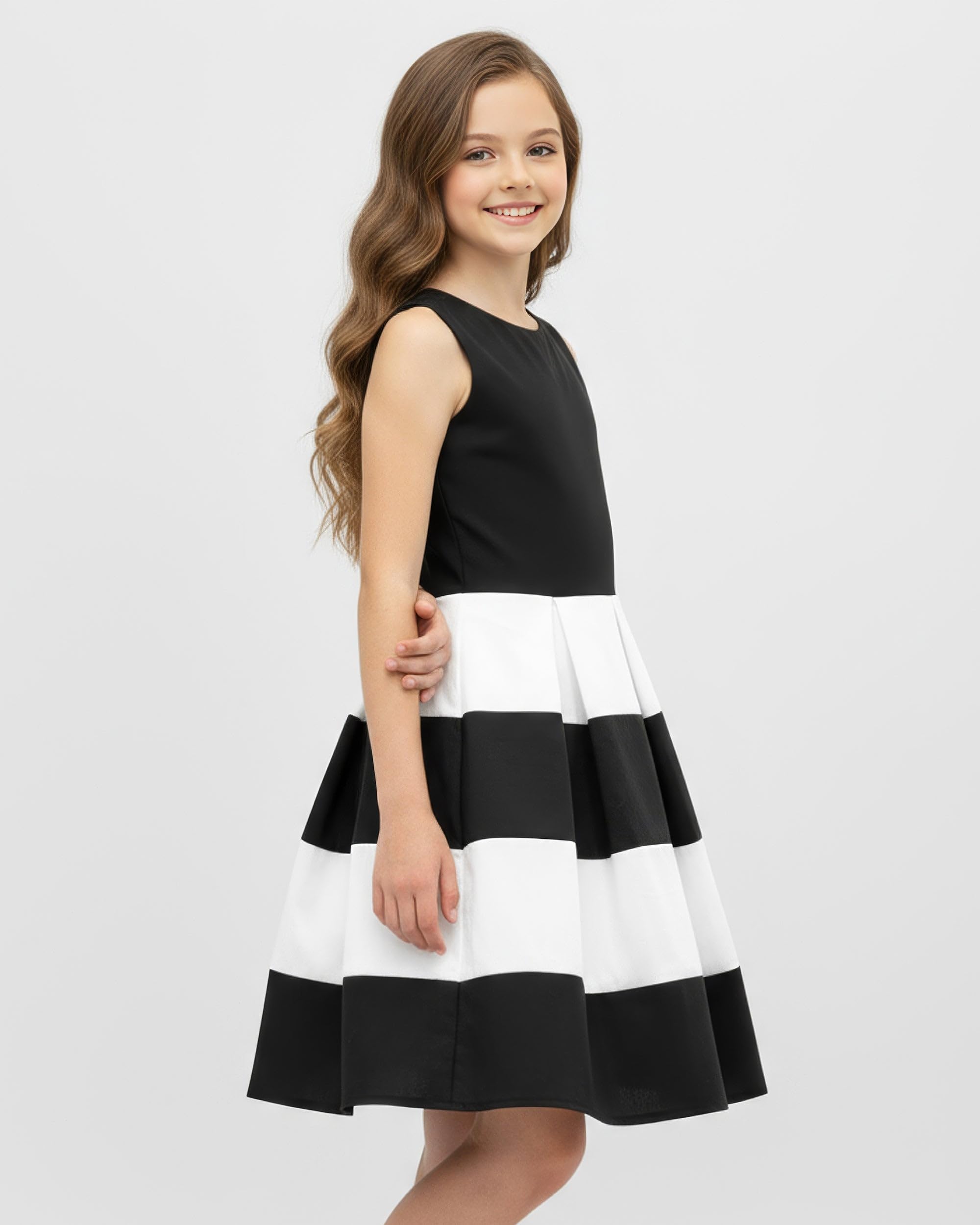 BlackButterfly Vestido Niña Lilly Rayas | Falda Plisada, Cuerpo Liso, Diseño Bicolor, Sin Mangas, Escote Redondo, Forro Interior, Cremallera Trasera, 3-14 Años