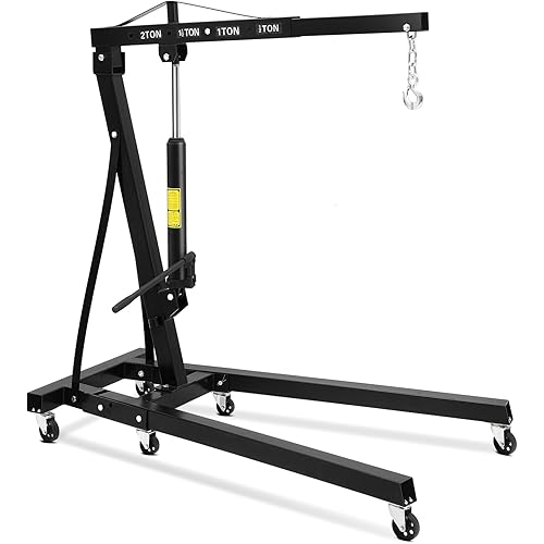 2 Ton Engine Hoist, Hydraulic Cherry Picker Engine Hoist Lift, 4400LBS Heavy Duty Crane Lifter with 6 Casters and Telescopic Boom, Foldable & Portable Design, for Garage, Workshop, Warehouse (Black)