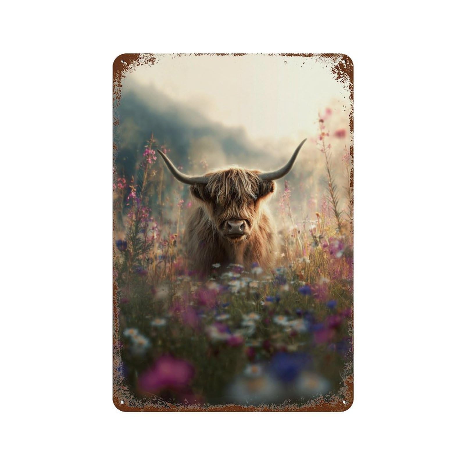 Highland Cow in Wildflowers Retro Metal Sign 11.8"x7.9", Decorative Metal Wall Art for Garage, Bar And Workshop Decor