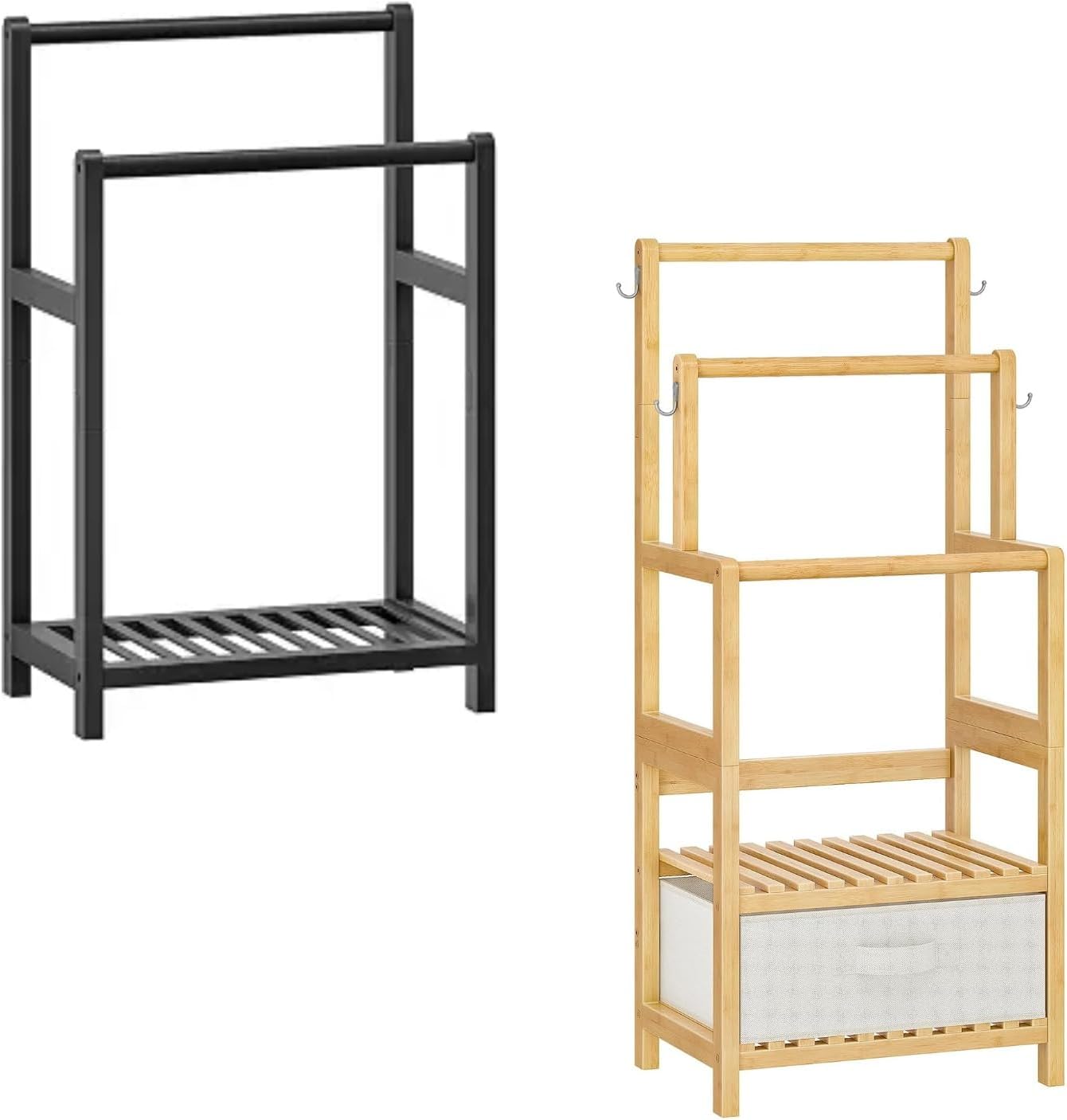 HOOBRO Towel Rack and Towel Rack Bundle, 2 Tier Decorative Bamboo Blanket Rack, Blanket Holder, 1 Storage Shelf, 4 Side Hooks, for Bathroom, Living Room, Bedroom, BK02LB01-YL22LB01