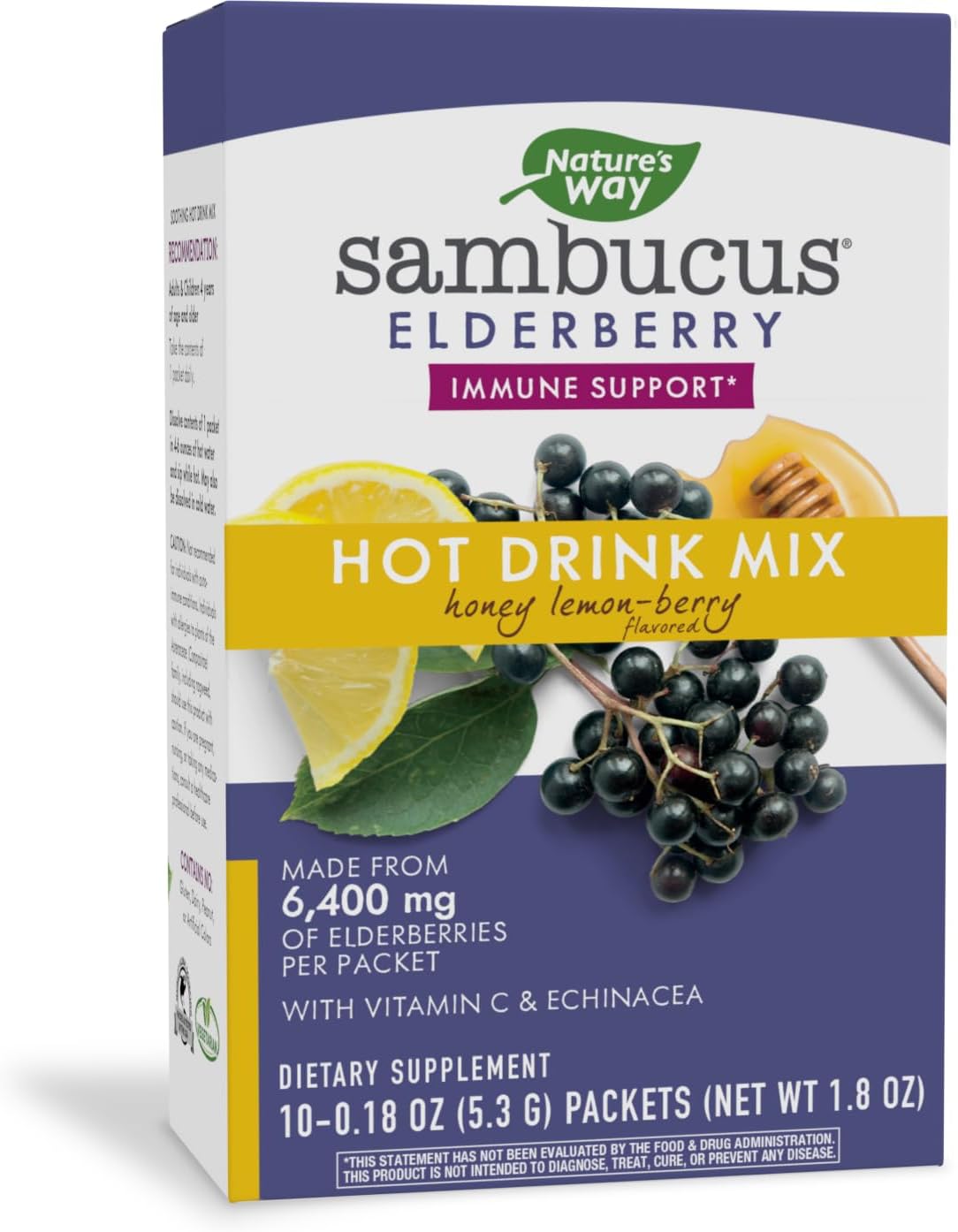 Nature’s Way Sambucus Elderberry Hot Drink Mix with Vitamin C and Echinacea, Immune Support*, Honey Lemon-Berry Flavored, 10 Packets