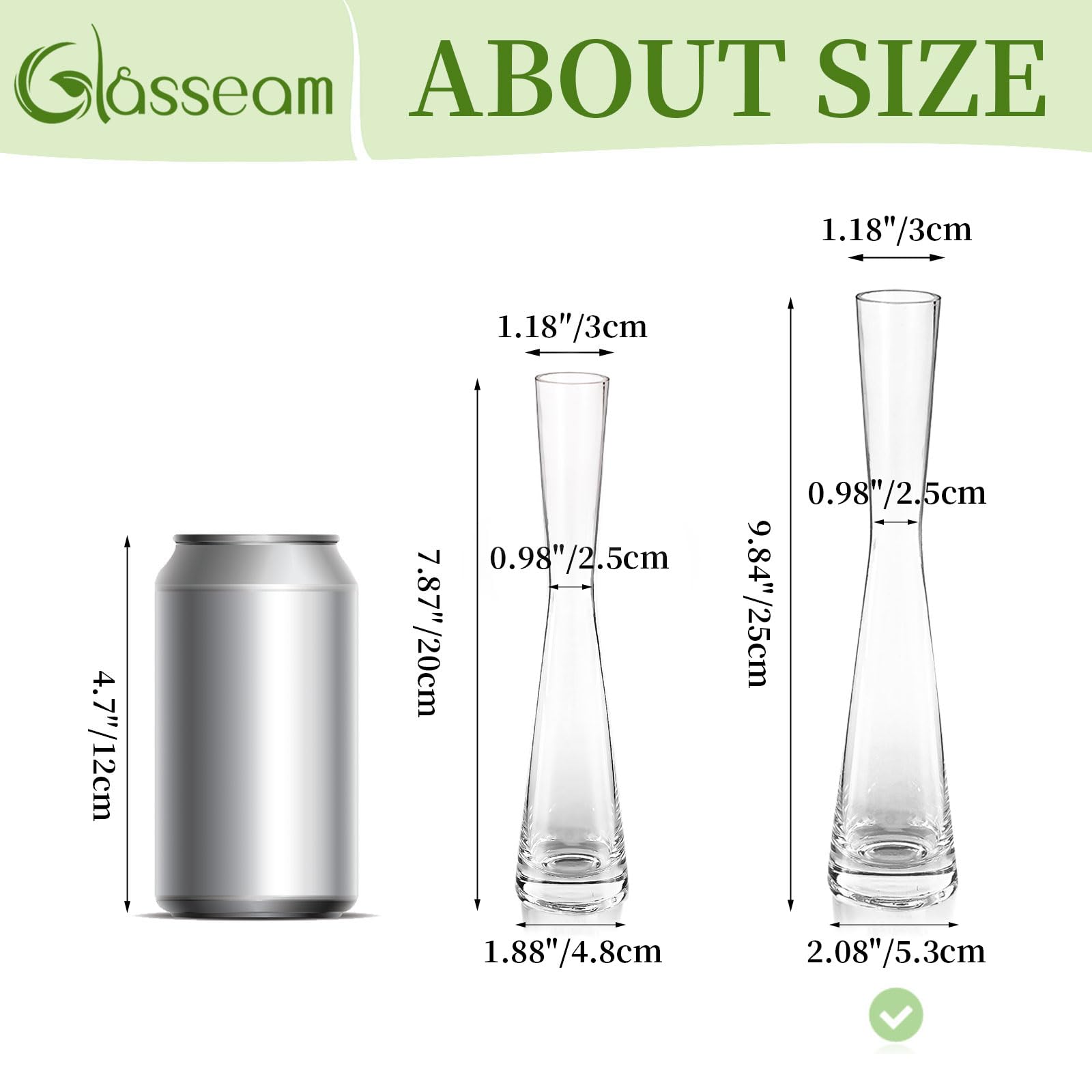 Glasseam Wąski Wazon na Kwiaty - 6 Sztuk, Wysokość 24,5 cm, Szklane, Ręcznie Wykonane do Salonu, Jadalni, Dekoracja Stołu, Tulipanowy