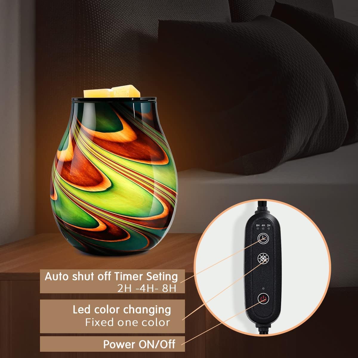 Inrorans Glass Electric Wax Melt Warmer Oil Burner with Stable Heating PTC Reusable Silicone Tray 7 Colorful Changing Led Light Night Light Scent Warmer for Home Fragrance Warmers-Brownblue Timer image 2