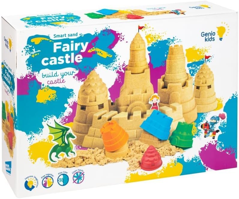 Genio Kids Juego de Arena Mágica Natural para Niños - 1 kg de Arena Moldeable con Arenero y 4 Moldes de Castillo, Juguete Educativo y Sensorial, Magic Sand Regalo Ideal para Niños de 3 a 9 Años