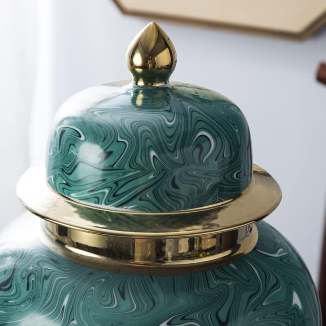 słoik na imbir, Zielony słoik na imbir ze złotym wykończeniem porcelanowy(19 * 37cm)