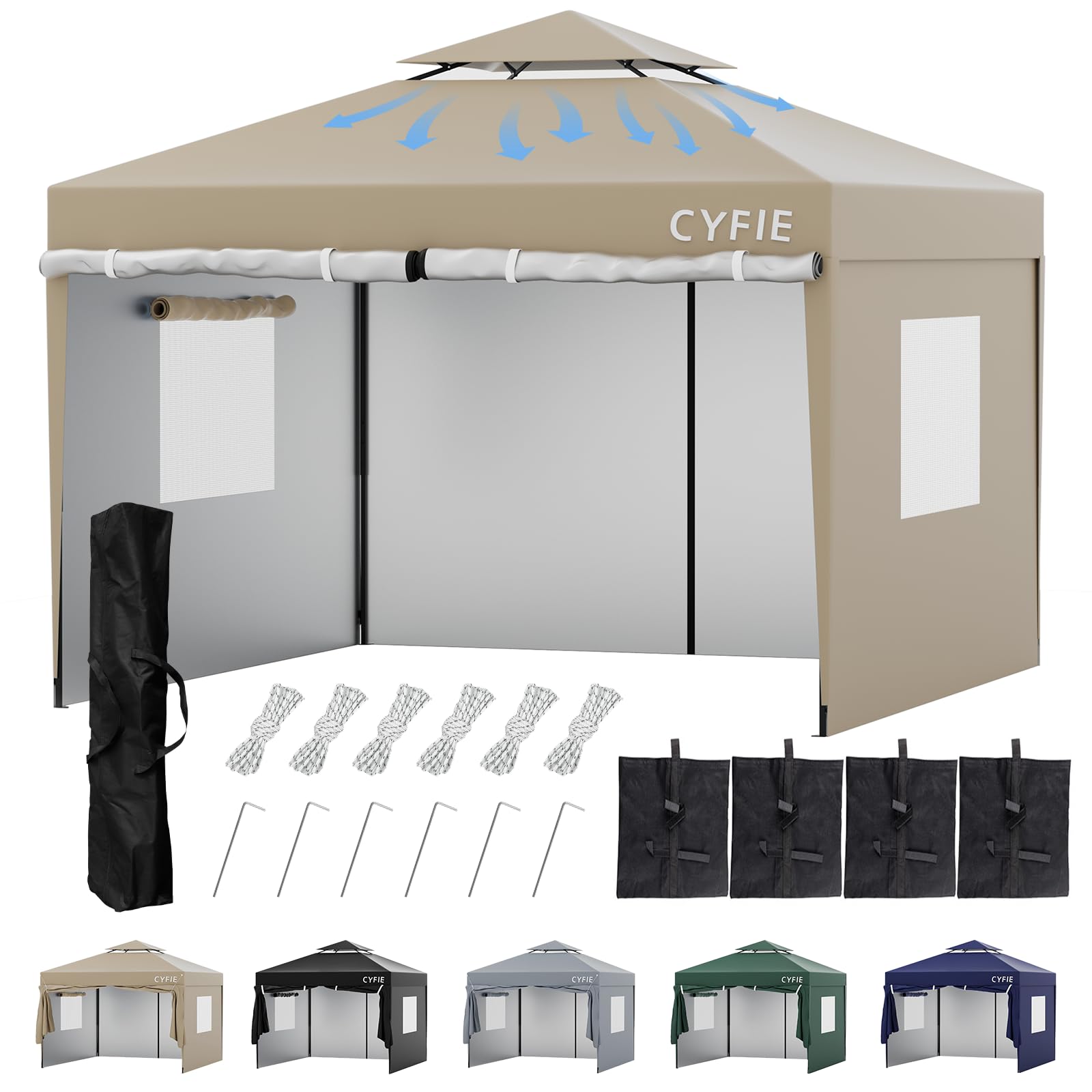 CYFIE タープテント 3m×3m 高さ3段階調節 サイドシート4枚付属 uvカットワンタッチタープテント サンシェード 高耐水加工 日よけ 組立簡単 持ち運び便利 キャンプ/ピクニック/運動会/アウトドア/集会用 収納ケース付き (ベージュ)