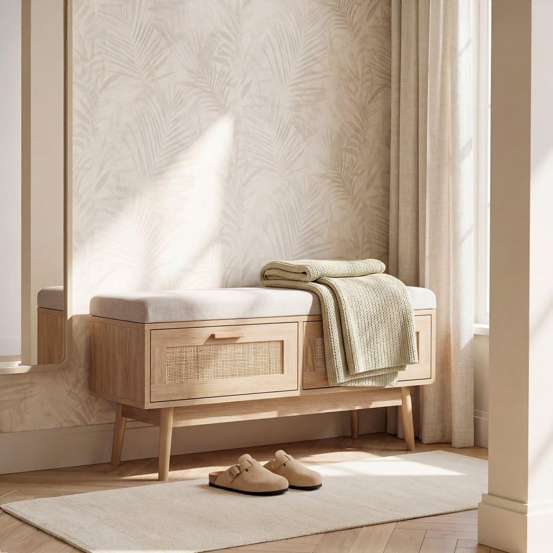 KLAST Banc en Bois et Rotin Naturel avec Coussin Tahiti Comprend Deux Tiroirs et Apporte Une Touche Naturelle et Confort à Tout Espace