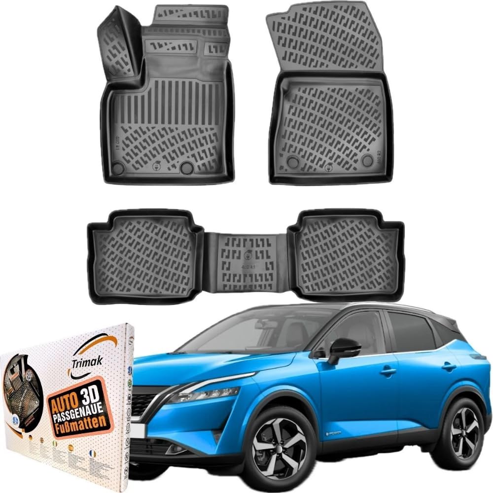 Trimak Passgenau 3D Fussmatten Auto Kompatibel mit Nissan Qashqai E-Power ab 2022 Auto Zubehör 1. Und 2. Reihe Gummimatten Autos TPE Allwetter Geruchlos rutschfest Vorne und Hinten Schwartz