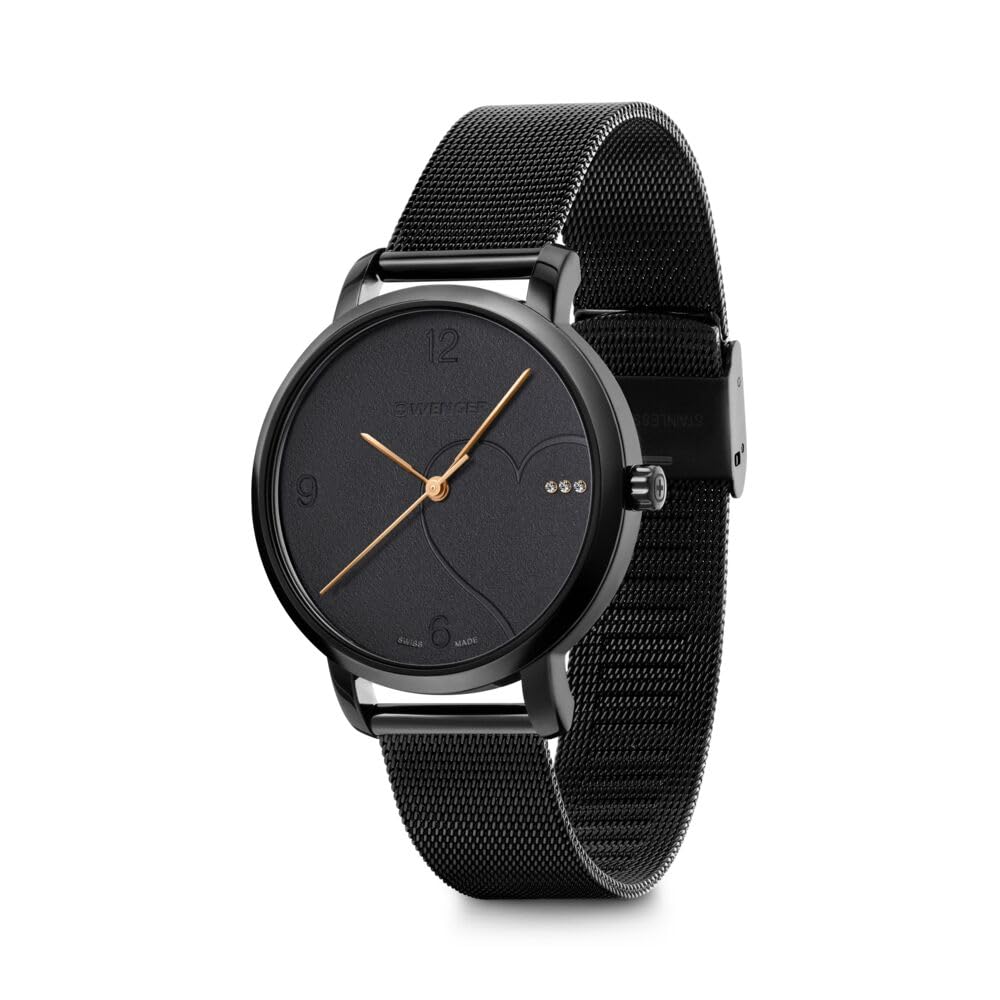 WENGER Damen Armbanduhr Metropolitan Donnissima Ø 38mm, Swiss Made, Analog Quarz, Wasserdicht bis 100m, Mesh-Armband, Schwarz, 01.1731.124