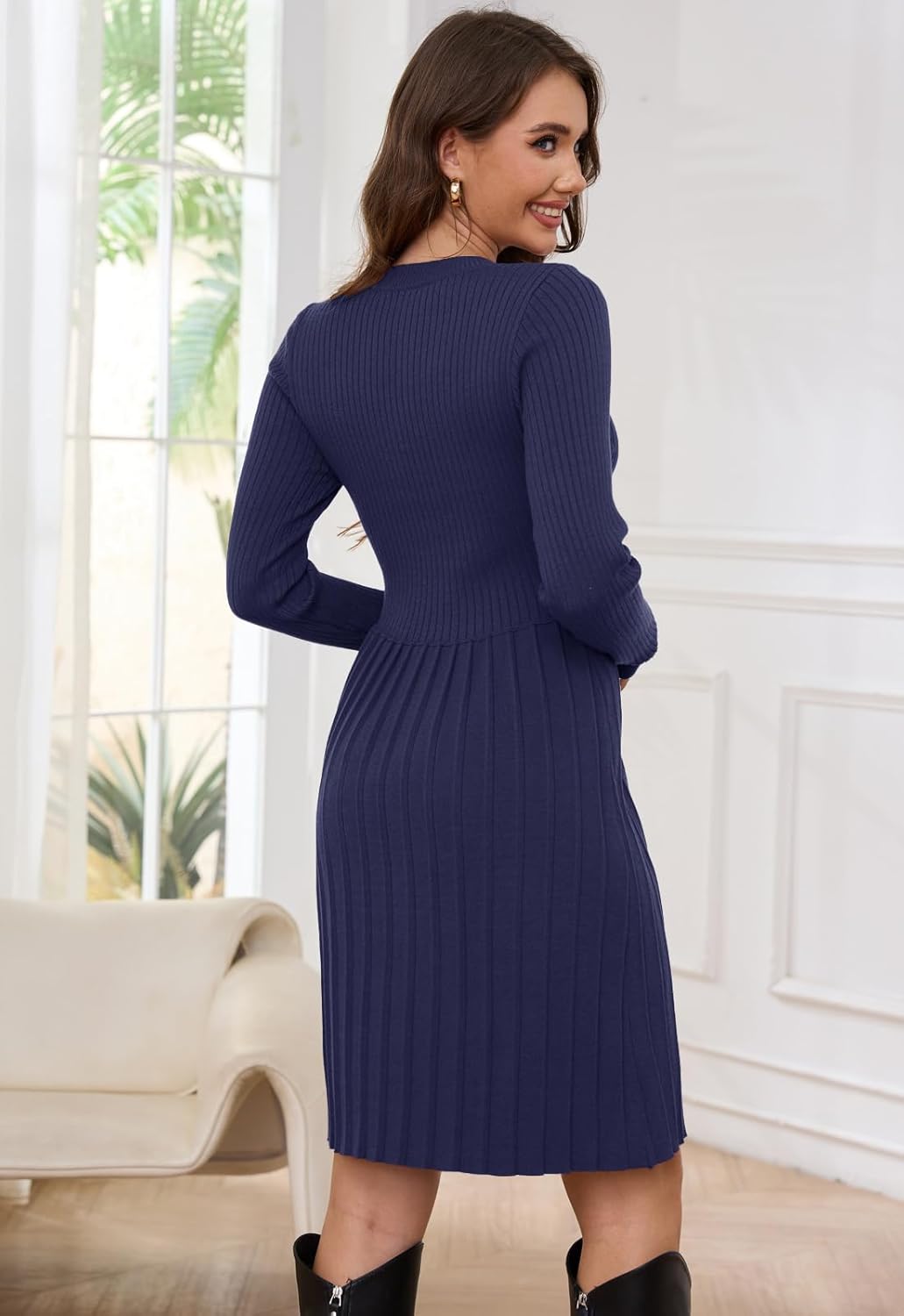 Jayscreate Women's 2024 Sweater Dress Long Sleeve Fall Winter High Waist Tunic Business Casual Mini Pleated Dress - Image 2