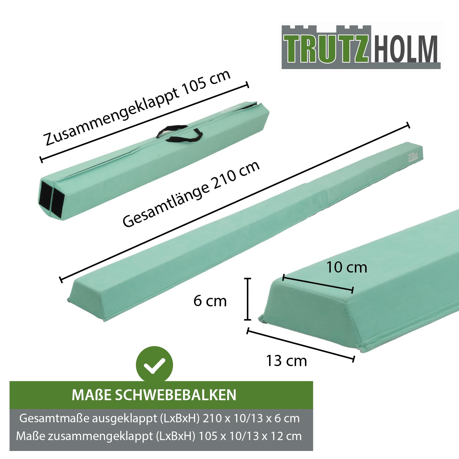 TRUTZHOLM Klappbarer Schwebebalken 210 cm | klappbar auf 105 cm | Eva-Turnbalken mit Vliesbezug inkl. Tragetasche | Balancieren, Turnen für Zuhause