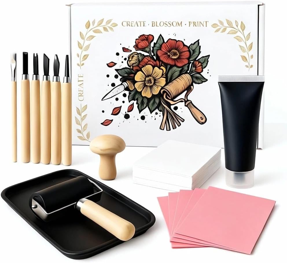 Lnncdsc Linocut Kit for Beginners & DIY Artists – Complete Block Printing Starter Set with Carving Tools & Brayer Roller – Perfect for Homemade Stamps, Greeting Cards, Gifts & Art Projects