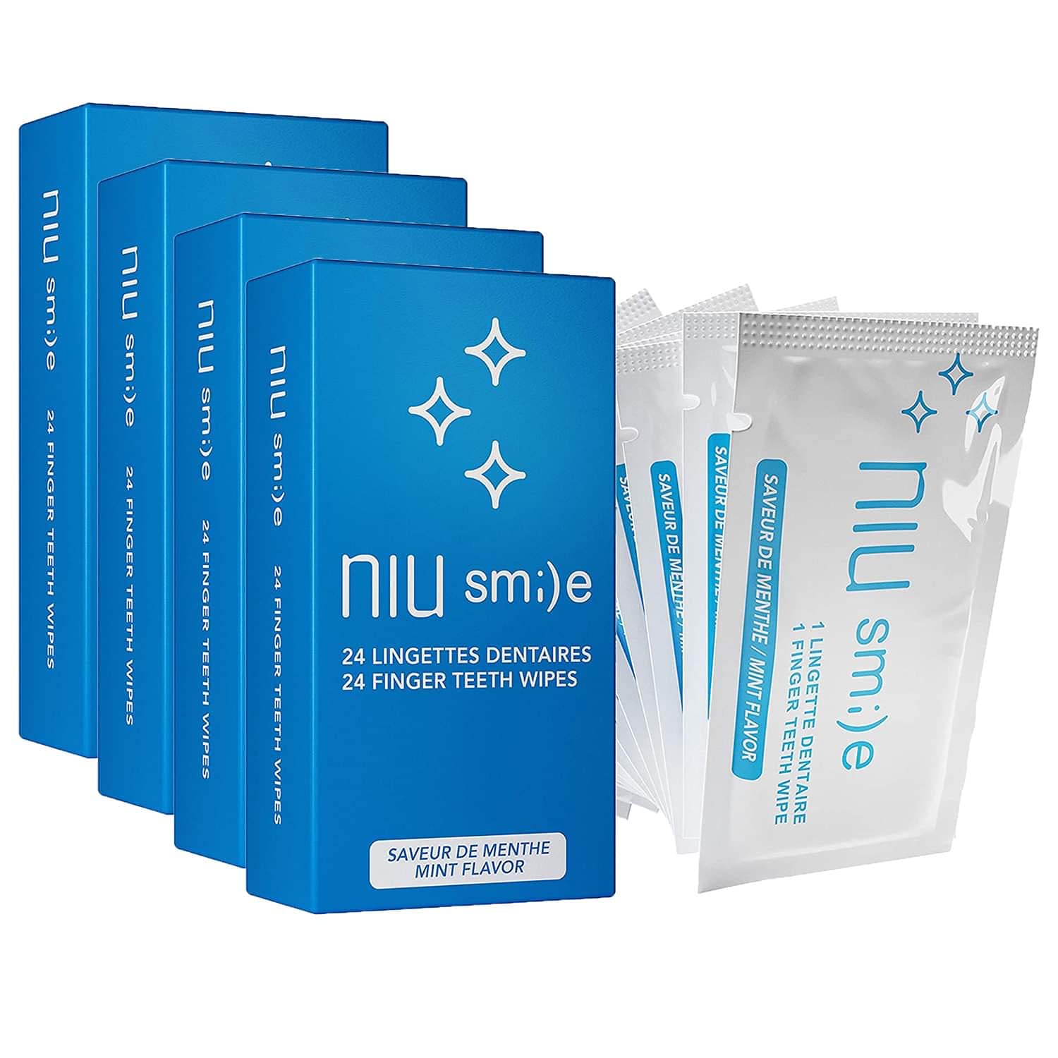 Niusmile Finger Teeth Wipes | 4 x 24 Disposable Oral Brush Ups | Portable Packs | Latex Free | Mint Flavor