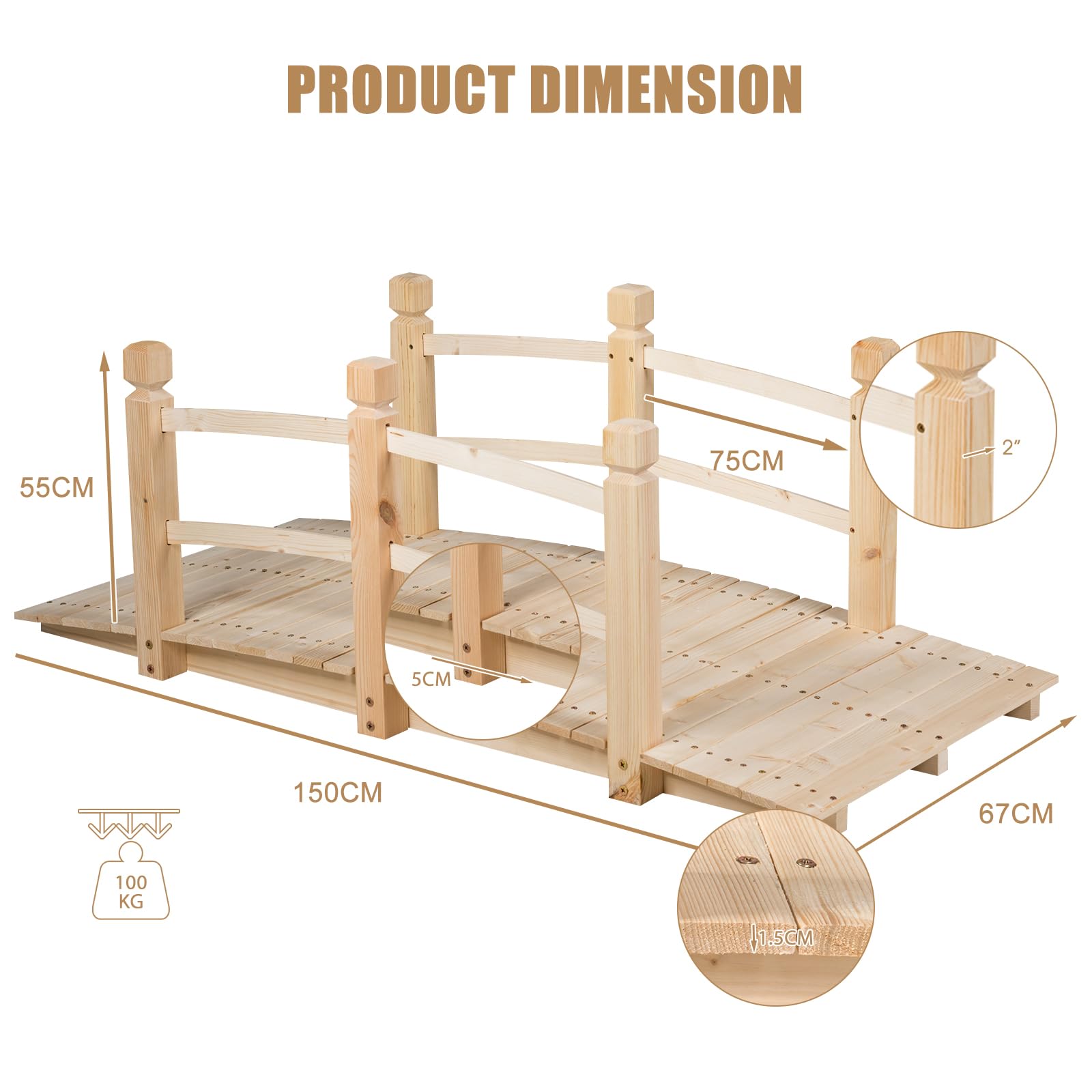 SOARS Puente de Jardín Madera con Barandilla, Puente de Pie Decorativo de Abeto con Capacidad de Carga de hasta 100 Kg, 150 x 67 x 55 cm cm, Puente Decorativo para Jardín, Estanque y Arroyo