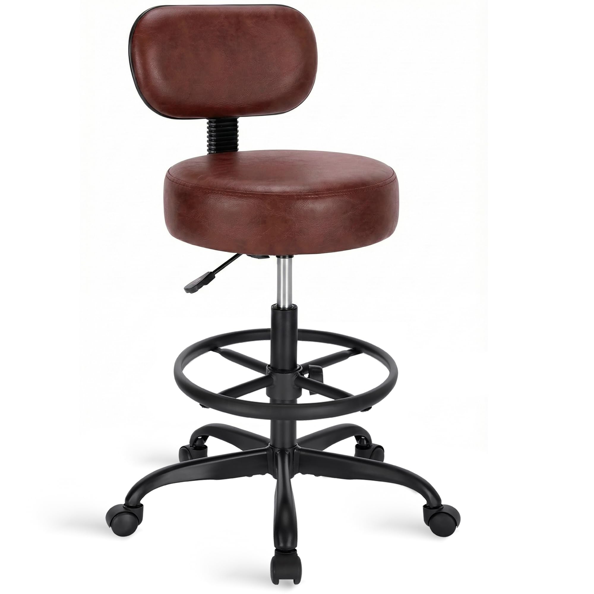 superjare drafting chair with back, adjustable foot rest rolling stool, multi-purpose office desk chair, thick seat cushion for home bar kitchen shop - rustic brown