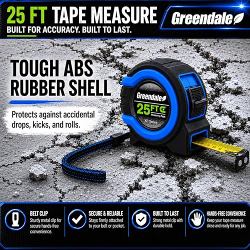 Greendale - 3 Boîte de mesures de bande - 25 ft (7.5M) - Remontage automatique, verrouillage de la pouce et pointe magnétique - Ensemble de 3 rubans à mesurer – 25 (en milliers de dollars)7,5 m) – rétractation automatique, verrouillage au pouce