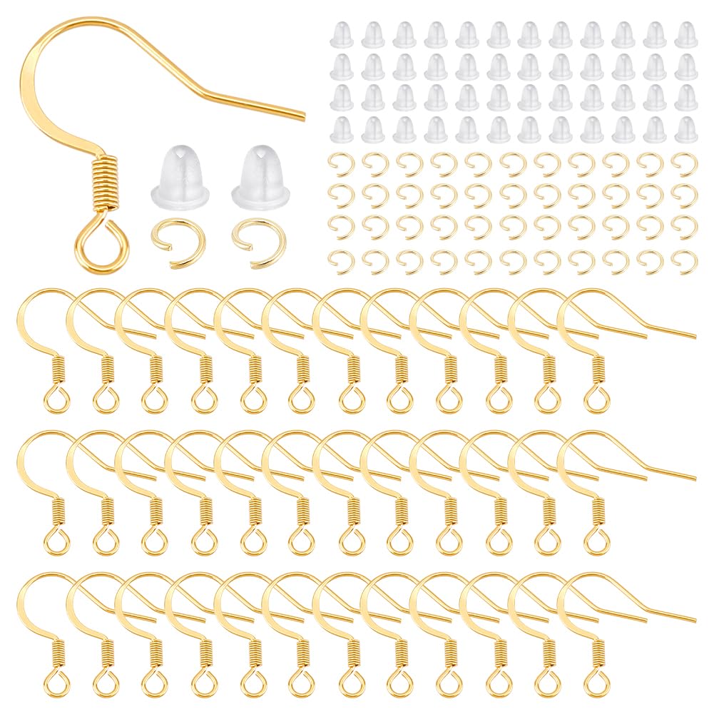 UNICRAFTALE 100Set Stainless Steel Earrings Hooks 18K Gold Plated Ear Wire with 100Pcs Open Jump Rings and 200Pcs Ear Backs Earring Hooks with Coil for DIY Earring Jewelry Making