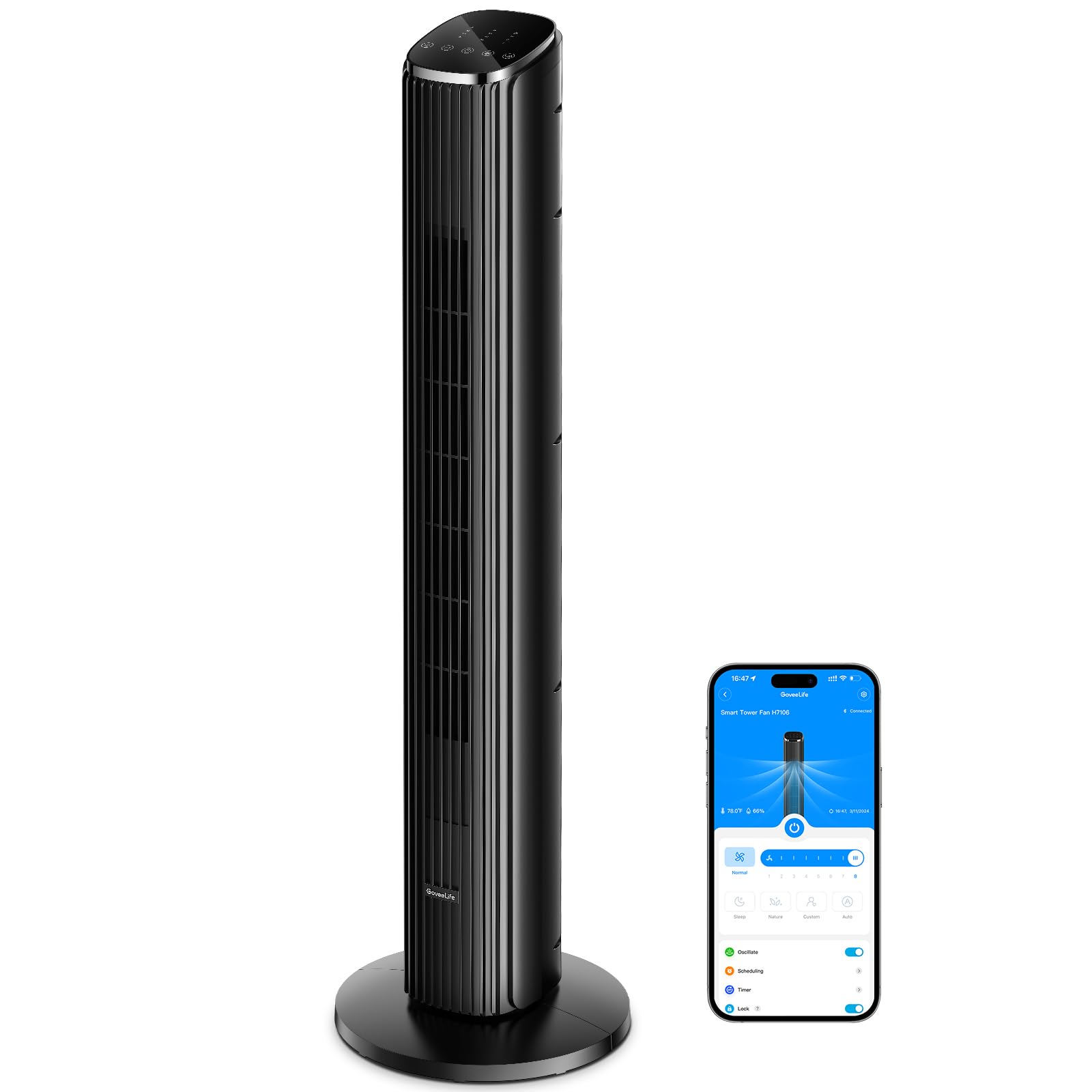 GoveeLife36-inch Smart Tower Fan with App & Voice Control, Ultra-Quiet Oscillating Floor Fan, 8 Speeds & 5 Modes, 24H Timer for Bedroom, Home Office