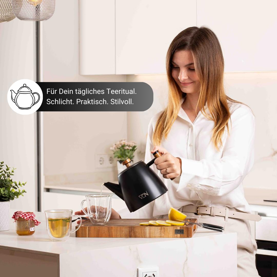 VDN Teekanne mit Siebeinsatz - Teapot [1L, 5-6 Tassen] - Teekanne Thermo, Edelstahl [Doppelwandig, bis zu 1h warm] - Teebereiter [für losen Tee, Ingwer & Kräutermischungen] - 802