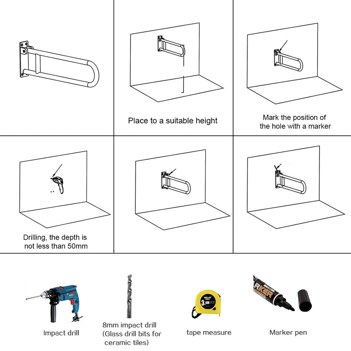 FlySkip Barra di supporto per WC, pieghevole, 61 cm, per disabili, montaggio a parete, per bagno e doccia, antiscivolo, per donne incinte e disabili